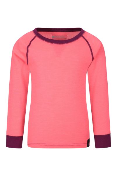 Mountain Warehouse Brand Merino Kids Round Neck Base Layer Top Bright-Pink