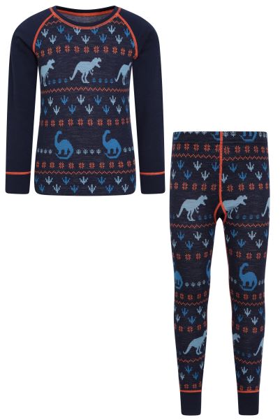 Blue Jacquard Kids Merino Base Layer Set Origin Mountain Warehouse
