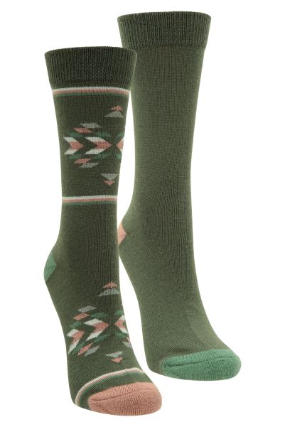 Dark-Green Bold Pattern Womens Merino Walking Socks - 2 Pack Collection Mountain Warehouse