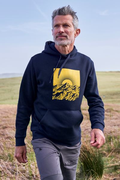 Navy Mountain Warehouse Sunset Mens Graphic Hoodie Origins