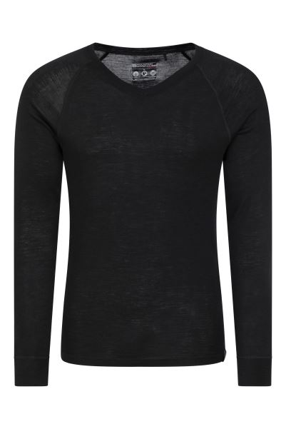 Merino Mens V Neck Base Layer Top Black Fashion Mountain Warehouse